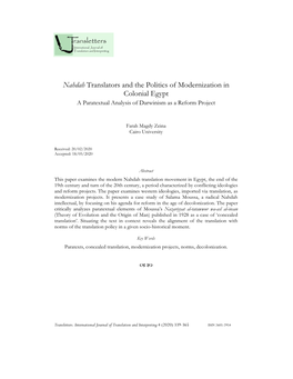 Nahdah Translators and the Politics of Modernization in Colonial Egypt a Paratextual Analysis of Darwinism As a Reform Project