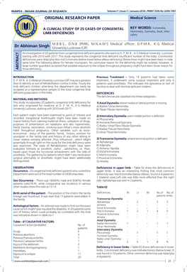 A CLINICAL STUDY of 25 CASES of CONGENITAL KEY WORDS: Ectromelia, Hemimelia, Dysmelia, Axial, Inter- LIMB DEFICIENCIES Calary