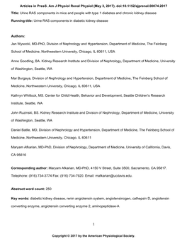 Urine RAS Components in Mice and People with Type 1 Diabetes and Chronic Kidney Disease