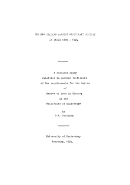 The New Zealand Baptist Missionary Society in India 1890-1974