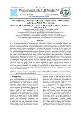 Phytochemical, Antifungal and Acute Toxicity Studies of Mitracarpus Scaber Zucc