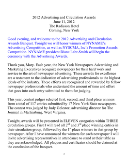 2012 Advertising and Circulation Awards June 11, 2012 the Radisson Hotel Corning, New York Good Evening, and Welcome to the 2012