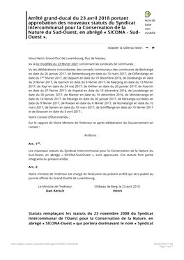 Arrêté Grand-Ducal Du 23 Avril 2018 Portant Approbation Des Nouveaux Statuts Du Syndicat Intercommunal Pour La Conservation De