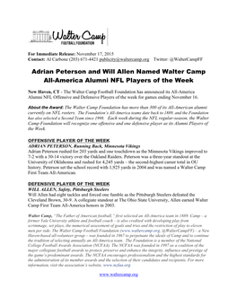 Adrian Peterson and Will Allen Named Walter Camp All-America Alumni NFL Players of the Week