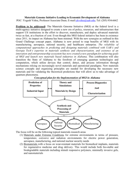 Materials Genome Initiative Leading to Economic Development of Alabama POC: Yogesh Vohra, Professor/Associate Dean; E-Mail:Ykvohra@Uab.Edu; Tel: (205) 934-6662