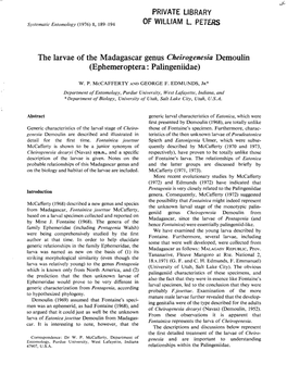 The Larvae of the Madagascar Genus Cheirogenesia Demoulin (Ephemeroptera: Palingeniidae)