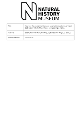 1 How Has the Environment Shaped Geographical Patterns of Insect Body Sizes? a Test 1 of Hypotheses Using Sphingid Moths 2 3