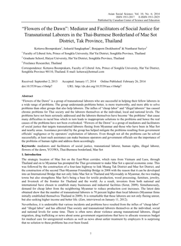 Mediator and Facilitators of Social Justice for Transnational Laborers in the Thai-Burmese Borderland of Mae Sot District, Tak Province, Thailand