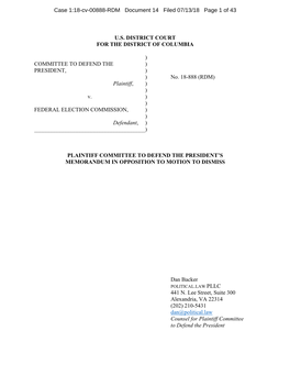 CDP V. FEC (18-0888) Plaintiff's Memorandum in Opposition to Motion to Dismiss Filed July 13, 2018