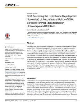 Lepidoptera: Noctuidae) of Australia and Utility of DNA Barcodes for Pest Identification in Helicoverpa and Relatives