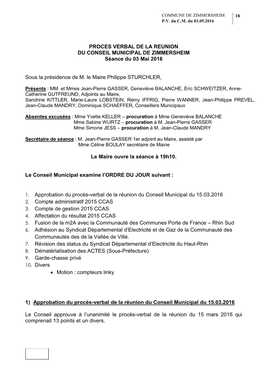 PROCES VERBAL DE LA REUNION DU CONSEIL MUNICIPAL DE ZIMMERSHEIM Séance Du 03 Mai 2016