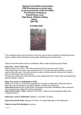 Epping Forest Riders Association. POR Orienteering on Horse Back by Kind Permission of Mr Don Miller. the Gardens of Hanbury. Pynest Green Lane