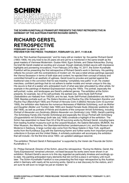 Richard Gerstl Retrospective February 24–May 14, 2017 Preview for the Press: Thursday, February 23, 2017, 11:00 A.M