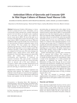 Antioxidant Effects of Quercetin and Coenzyme Q10 in Mini Organ Cultures of Human Nasal Mucosa Cells