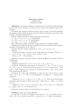 Recurrence Relations Luminita Vese November 14, 2006 Definition