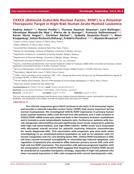 CXXC5 (Retinoid-Inducible Nuclear Factor, RINF) Is a Potential Therapeutic Target in High-Risk Human Acute Myeloid Leukemia