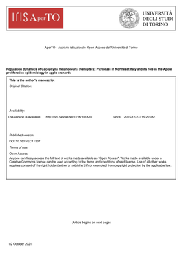 Population Dynamics of Cacopsylla Melanoneura (Hemiptera: Psyllidae) in Northeast Italy and Its Role in the Apple Proliferation Epidemiology in Apple Orchards