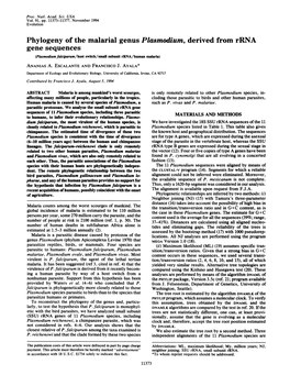 Phylogeny of the Malarial Genus Plasmodium, Derived from Rrna Gene Sequences (Plasmodium Falciparum/Host Switch/Small Subunit Rrna/Human Malaria)