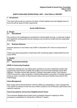 Highland Health & Social Care Committee 1 March 2018 Item 3.5 NORTH HIGHLAND OPERATIONAL UNIT – Chief Officer's REPORT 1