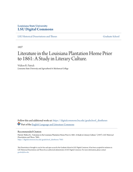 Literature in the Louisiana Plantation Home Prior to 1861: a Study in Literary Culture