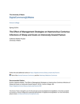 The Effect of Management Strategies on Haemonchus Contortus Infections of Sheep and Goats on Intensively Grazed Pasture