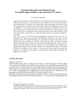 Alexander Dalrymple and Thomas Forrest: Two British Empire Builders at the End of the 18Th Century