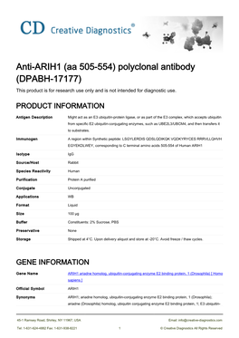 Anti-ARIH1 (Aa 505-554) Polyclonal Antibody (DPABH-17177) This Product Is for Research Use Only and Is Not Intended for Diagnostic Use