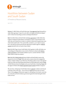 Hostilities Between Sudan and South Sudan a Timeline of Recent Events