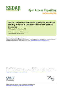 Ethno-Confessional Immigrant Ghettos As a National Security Problem in Denmark’S Social and Political Discourse Talalaeva, E.Yu.; Pronina, T.S