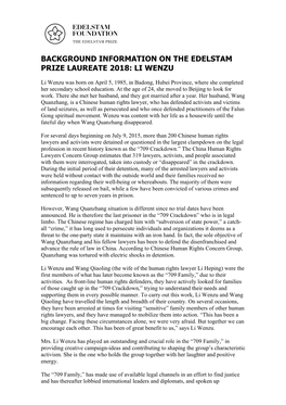 Background Information on the Edelstam Prize Laureate 2018: Li Wenzu