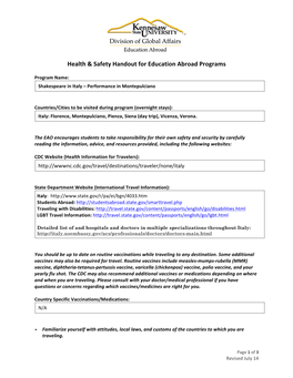 Health & Safety Handout for Education Abroad Programs