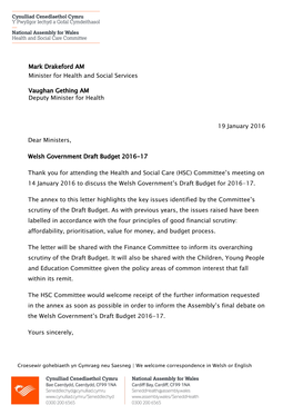 Letter from Chair of Health and Social Care Committee to the Minister for Health and Social