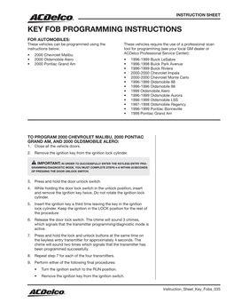 Key Fob Programming Instructions