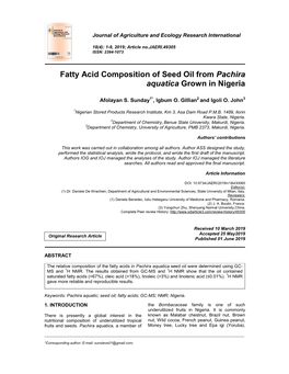 Fatty Acid Composition of Seed Oil from Pachira Aquatica Grown in Nigeria