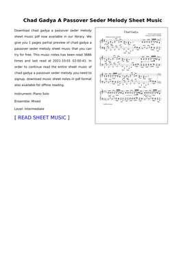 Chad Gadya a Passover Seder Melody Sheet Music