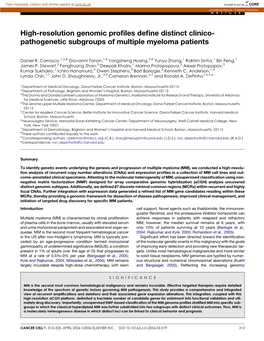 Pathogenetic Subgroups of Multiple Myeloma Patients