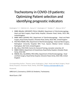 Tracheotomy in COVID-19 Patients: Optimizing Patient Selection and Identifying Prognostic Indicators