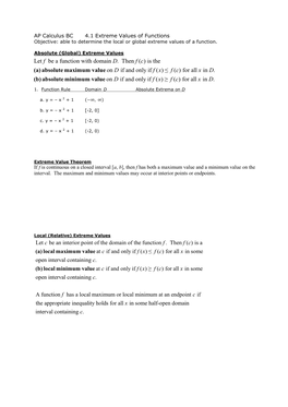 4.1 Extreme Values of Functions Objective: Able to Determine the Local Or Global Extreme Values of a Function