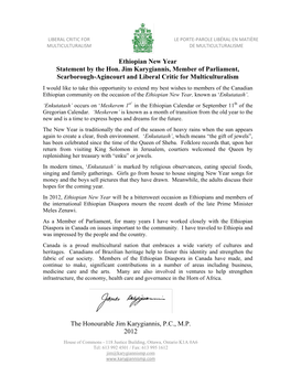 Ethiopian New Year Statement by the Hon. Jim Karygiannis, Member of Parliament, Scarborough-Agincourt and Liberal Critic for Multiculturalism