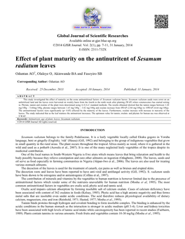 Effect of Plant Maturity on the Antinutritent of Sesamum Radiatum Leaves