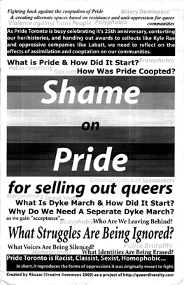 What Struggles Are Being Ignored? What Voices Are Being Silei\~J? Vv Uat Identities Are Bein • Erased? Pride Toronto Is Racist, Classist, Sexist, Homophobic