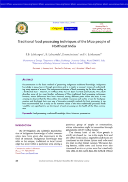 Traditional Food Processing Techniques of the Mizo People of Northeast India