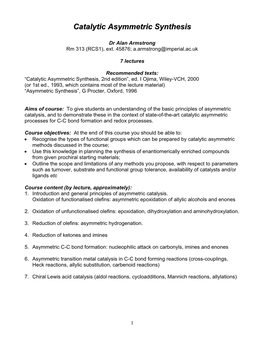 Catalytic Asymmetric Synthesis