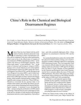 China's Role in the Chemical and Biological Disarmament Regimes
