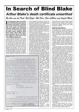 In Search of Blind Blake Arthur Blake’S Death Certificate Unearthed by Alex Van Der Tuuk, Bob Eagle, Rob Ford, Eric Leblanc and Angela Mack