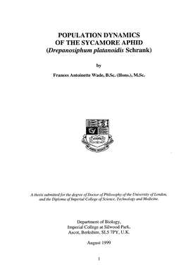 POPULATION DYNAMICS of the SYCAMORE APHID (Drepanosiphum Platanoidis Schrank)