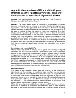 A Practical Comparison of Ipls and the Copper Bromide Laser for Photorejuvenation, Acne and the Treatment of Vascular & Pigmented Lesions