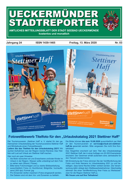 UECKERMÜNDER STADTREPORTER AMTLICHES MITTEILUNGSBLATT DER STADT SEEBAD UECKERMÜNDE Kostenlos Und Monatlich