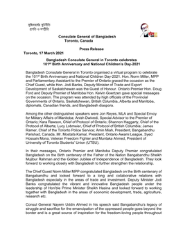 Consulate General of Bangladesh Toronto, Canada Press Release