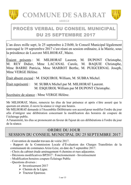 Commune De Sabarat Ariege Procès Verbal Du Conseil Municipal Du 25 Septembre 2017